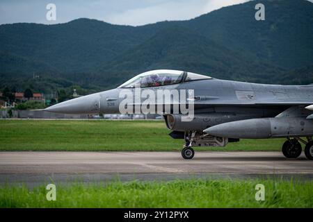 Un pilota della U.S. Air Force assegnato al 36th Fighter Squadron taxi verso la pista durante l'Ulchi Freedom Shield 24 in una posizione non specificata nel Foto Stock