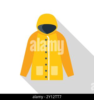 Impermeabile impermeabile giallo con cappuccio che protegge dalla pioggia in un design piatto con un'ombra lunga Illustrazione Vettoriale