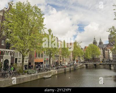 Allegra vista sulla strada con un canale, un ponte ed edifici classici circondati da alberi verdi, amsterdam, paesi bassi Foto Stock