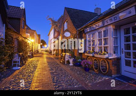 Vicolo in una città vecchia, crepuscolo, illuminato, Wyk auf Foehr, isola del Mare del Nord Foehr, Schleswig-Holstein, Germania, Europa Foto Stock