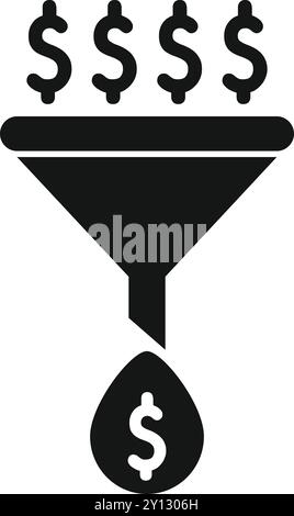 Icona nera dell'imbuto di vendita che concentra i simboli del dollaro in un'unica goccia di denaro Illustrazione Vettoriale