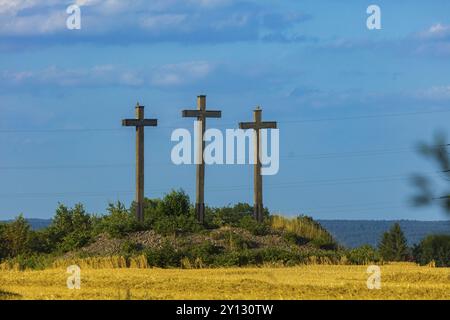 Le tre croci vicino a Freiberg, Sassonia. Secondo la leggenda, tre consiglieri di Freiberg furono giustiziati in questo posto. Tuttavia, non ci sono prove di Foto Stock