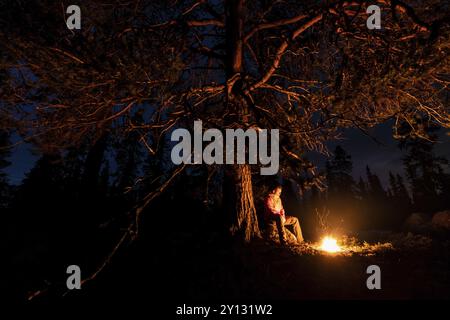 Uomo la sera in un bivacco con falò, Lapponia, Svezia, Scandinavia, Europa Foto Stock