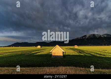 Piccola capanna in legno in un prato di fronte a un paesaggio montano, nuvole di tempesta, temporali, intensa luce serale, Loisach-Lake Kochel-Moore, Baviera, Foto Stock