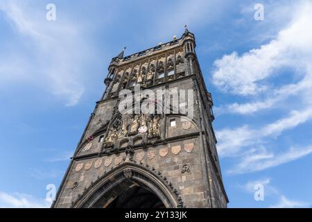 La torre del Ponte Carlo è mostrata a Praga, Repubblica Ceca. Foto Stock