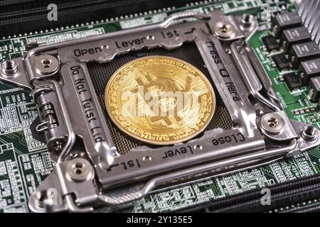 Cryptodurency Bitcoin dorato sulla scheda a circuito stampato del computer. Blockchain e concetto di sicurezza Foto Stock