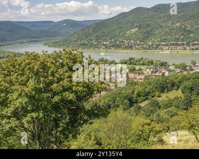 Foreste verdi e una piccola città lungo un fiume con colline sullo sfondo, szentendere, Danubio, Ungheria, Europa Foto Stock