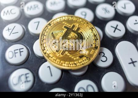 Bitcoin moneta con la calcolatrice come un pagamento tasse concept Foto Stock