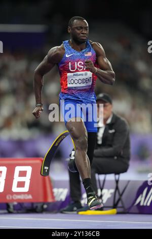 Saint-Denis, Francia. 4 settembre 2024. LOCCIDENT Derek (USA) Atletica: Finale maschile di salto lungo T64 durante i Giochi Paralimpici di Parigi 2024 allo Stade de France di Saint-Denis, Francia . Crediti: AFLO SPORT/Alamy Live News Foto Stock