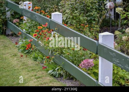 Giardino verde con una recinzione e una varietà di fiori colorati che fioriscono in colori ricchi, Spiekeroog, Frisia orientale, Mare del Nord, Germania, Europa Foto Stock