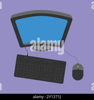 Computer con icona vettoriale del mouse della tastiera. illustrazione della configurazione del computer office working Illustrazione Vettoriale