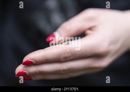 Un piccolo segno di spunta sul dito umano Foto Stock