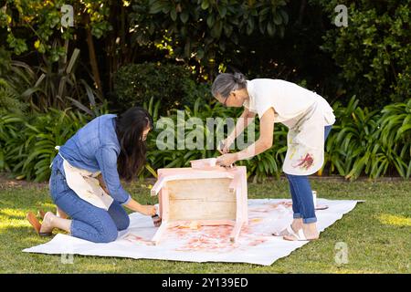 Dipingendo mobili in legno, nonna asiatica e gradndaughter che lavorano insieme all'aperto sul soleggiato da Foto Stock