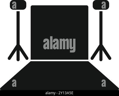 Semplice icona che rappresenta uno studio fotografico, con le sue apparecchiature di illuminazione e lo sfondo, pronto per una sessione fotografica professionale Illustrazione Vettoriale