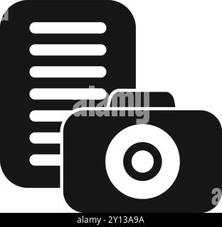 Icona in bianco e nero di una fotocamera sovrapposta a un documento, che rappresenta la documentazione fotografica Illustrazione Vettoriale