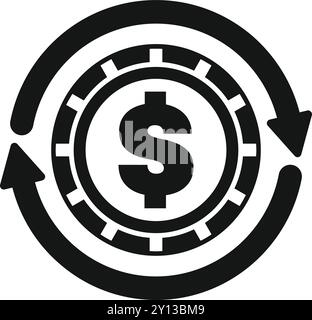 Icona in bianco e nero di una moneta che ruota con due frecce circolari Illustrazione Vettoriale