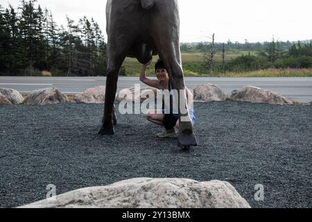 Scultura di Morris the Moose all'Irving Oil Big Stop a Goobies, Terranova e Labrador, Canada Foto Stock