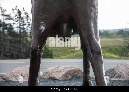 Scultura di Morris the Moose all'Irving Oil Big Stop a Goobies, Terranova e Labrador, Canada Foto Stock