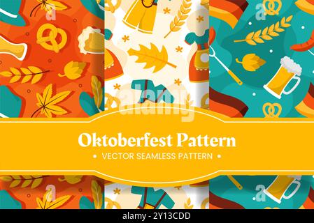 Design con motivo senza cuciture per le festività dell'Oktoberfest con illustrazione di cartone animato piatto Illustrazione Vettoriale