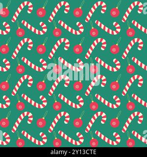 Candy Canes e giocattoli di Capodanno motivo senza cuciture nelle nuance natalizie alla moda. Idea di base del saluto. Avvolgimento, carta da parati o Web, poster, striscioni, schede, etichetta, opuscoli illustrazione vettoriale di sfondo Illustrazione Vettoriale