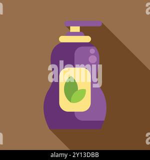 Flacone dispenser viola con logo foglie verdi che presenta il prodotto per la pulizia su sfondo marrone Illustrazione Vettoriale