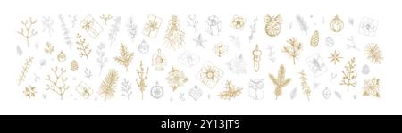 Un grande set di decorazioni natalizie allegro e felice anno nuovo. Rami dell'albero di Natale, vischio, fiore di poinsettia, palle, angelo, stelle nello schizzo Illustrazione Vettoriale