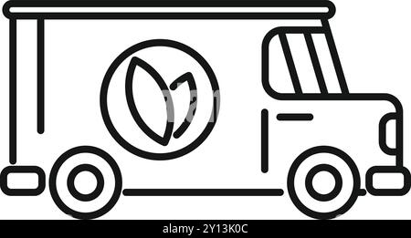Semplice icona in bianco e nero di un veicolo per la consegna con un logo a foglia, che rappresenta un trasporto ecologico e servizi di consegna sostenibili Illustrazione Vettoriale