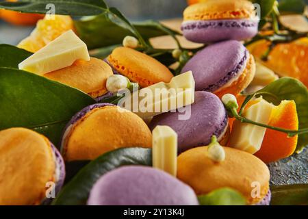 Vivaci macaron gialli e viola visualizzati con fette arancioni, foglie verdi e pezzi di cioccolato bianco su una tavola rustica di legno. Foto Stock