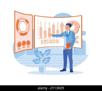 Il CEO di Businessman presenta a un gruppo di investitori dati grafici sulle vendite dei prodotti. Concetto di analisi della crescita. trend immagine vettoriale piatta moderna Illustrazione Vettoriale