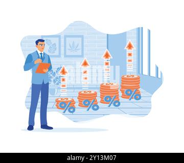 Uomo d'affari che pianifica investimenti a lungo termine. Confrontare la volatilità del mercato azionario e assumersi rischi elevati. Concetto di analisi della crescita. trend vettoriale piatto moderno Illustrazione Vettoriale