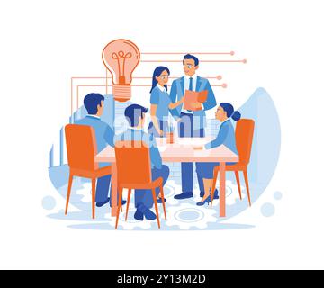 Il capo ha un incontro con i colleghi in ufficio. Discutere nuove idee di business e trovare soluzioni per nuovi progetti. Discutere il concetto di informazioni. tre Illustrazione Vettoriale