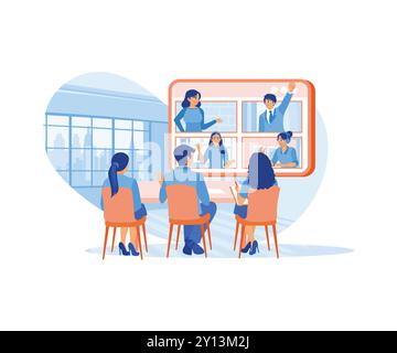 Persone d'affari diverse tengono riunioni online. Effettuano videochiamate con i partner commerciali sullo schermo del monitor. Discutere il concetto di informazioni. Trend M Illustrazione Vettoriale