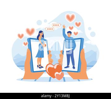 Mani che tengono in mano un gadget con una giovane coppia che emerge dalla schermata dei gadget. Incontri online. Concetto di incontri online. Illustrazione vettoriale piatta. Illustrazione Vettoriale