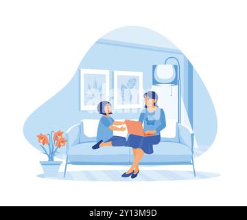 Madre e figlia sedute sul divano. Si divertono e usano il portatile per guardare i cartoni animati insieme. Concetto di relazioni virtuali. Illus vettoriale piatto Illustrazione Vettoriale
