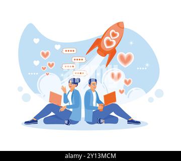 Una giovane coppia seduta sul pavimento con un ologramma di un razzo volante che invia messaggi d'amore l'un l'altro tramite lo schermo del laptop. Conc. Incontri online Illustrazione Vettoriale