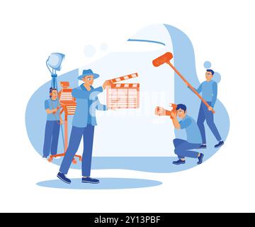 Assistente fotocamera che tiene in mano il clapperboard. Il team della troupe cinematografica ha eseguito il processo di ripresa all'interno. Concetto di produzione cinematografica. Illustrazione vettoriale piatta. Illustrazione Vettoriale
