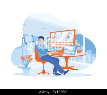 Editor maschile che utilizza le cuffie che lavorano davanti a un computer di notte. Modifica di video per client con software su un computer. Informazioni su Editor video. Fil Illustrazione Vettoriale