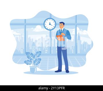 Persone in affari che si trovano sullo sfondo del paesaggio urbano. Utilizzo di un tablet digitale in un ufficio moderno. Concetto di business digitale. Vettore piatto i Illustrazione Vettoriale