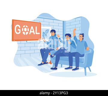 Tifosi di calcio con facce dipinte che guardano la partita in TV. Tira, urla e alza la mano quando la squadra vince. Concetto di celebrazione. Vettore piatto Illustrazione Vettoriale