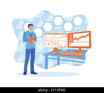 Uomo d'affari che lavora alla sede centrale. Revisione dei documenti di trading di criptovaluta tramite computer. Concetto di Trading azionario. Illustrazione vettoriale piatta. Illustrazione Vettoriale