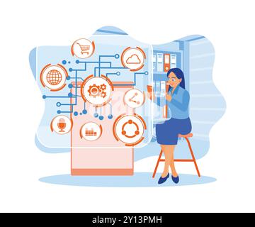 Donne d'affari che utilizzano tablet digitali con icone virtuali sugli schermi dei tablet. Concetto di business digitale. Illustrazione vettoriale piatta. Illustrazione Vettoriale