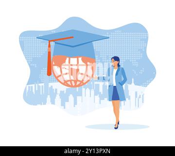 Una donna è in piedi accanto a Globe con un berretto graduato in cima. L'istruzione in un mondo globale. Concetto educativo. Illustrazione vettoriale piatta. Illustrazione Vettoriale