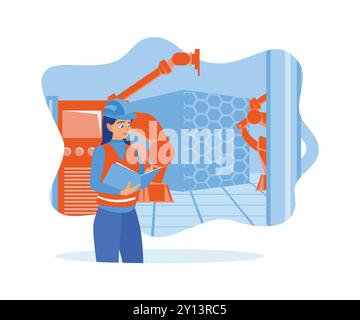 Responsabile donna che tiene forma e penna nell'officina di fabbrica. Valutazione del rischio industriale e audit di sicurezza. Concetto di scenari di controllo finanziario. Illu vettoriale piatto Illustrazione Vettoriale