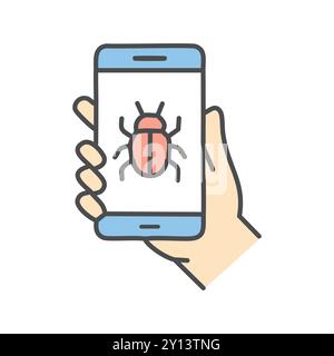 Icona bug telefono. Mano che tiene in mano uno smartphone con un'icona di bug sullo schermo, che simboleggia le minacce e le vulnerabilità alla sicurezza informatica. Illustrazione Vettoriale