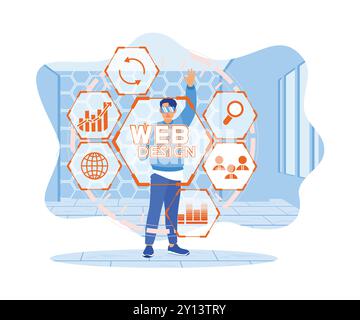 Un giovane uomo sta in piedi indossando occhiali virtuali. Premere manualmente il pulsante Web design con le icone sullo schermo. Concetto di Web design. Immagine vettoriale piatta Illustrazione Vettoriale