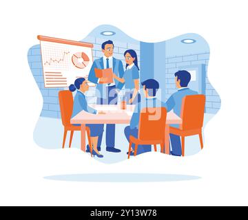 Diversi colleghi si riuniscono nella sala di presentazione. Discutere le statistiche finanziarie degli uffici con grafici e diagrammi sulla lavagna. Riunione di squadra con Illustrazione Vettoriale