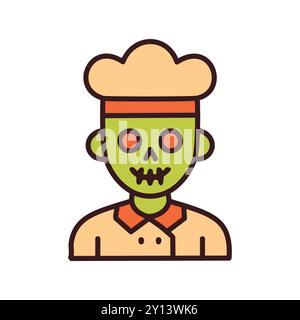 Chef zombie. Illustrazione a cartoni animati di uno zombie verde con un cappello da chef, che rappresenta uno spaventoso concetto culinario di Halloween. Illustrazione Vettoriale