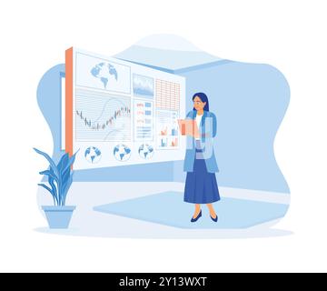 Donna d'affari con l'interfaccia aziendale digitale. Analizza le finanze con grafici, grafici e dati su schermo. Finanza e innovazione. fla tendenza Illustrazione Vettoriale