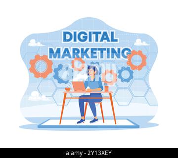 Donne che lavorano nello spazio di lavoro in uffici moderni. Migliorare le strategie aziendali di marketing online. Networking di marketing digitale su un concetto di interfaccia moderna. Illustrazione Vettoriale