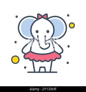 Bell'elefante in tutu. Adorabile elefante cartoni animati che indossa un tutu rosa e un fiocco. Perfetto per libri per bambini, abbigliamento e altro ancora. Illustrazione Vettoriale